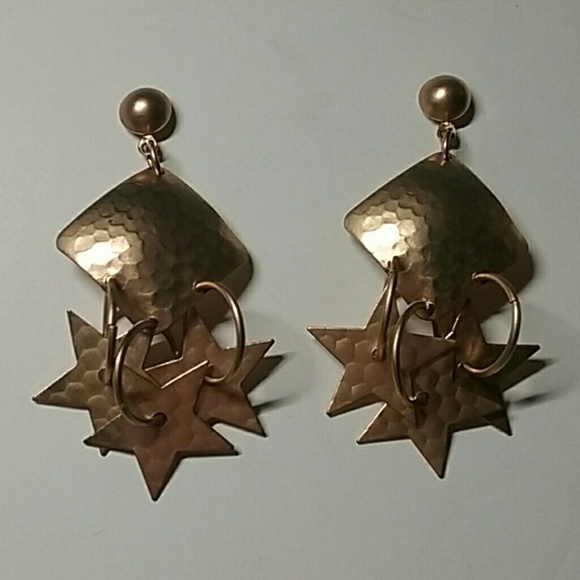 Hammered Copper Metal Dangle Drop Stars Pierced Earrings - Picture 1 of 3